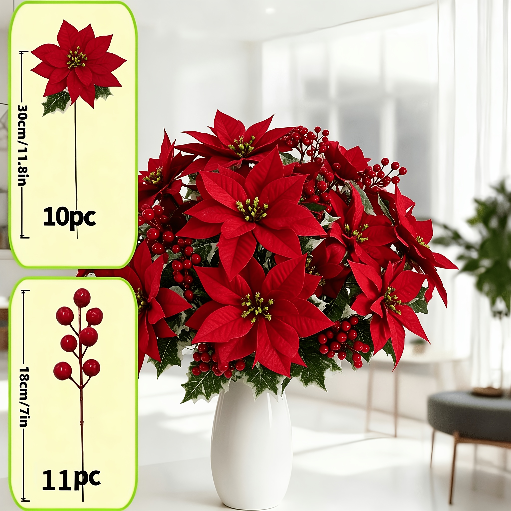 TEMU Lot de 21 pièces Décoration de Noël Poinsettia Artificielle Rouge avec Fausses en Plastique | Fleurs de Noël Durables et Faciles d'Entretien |