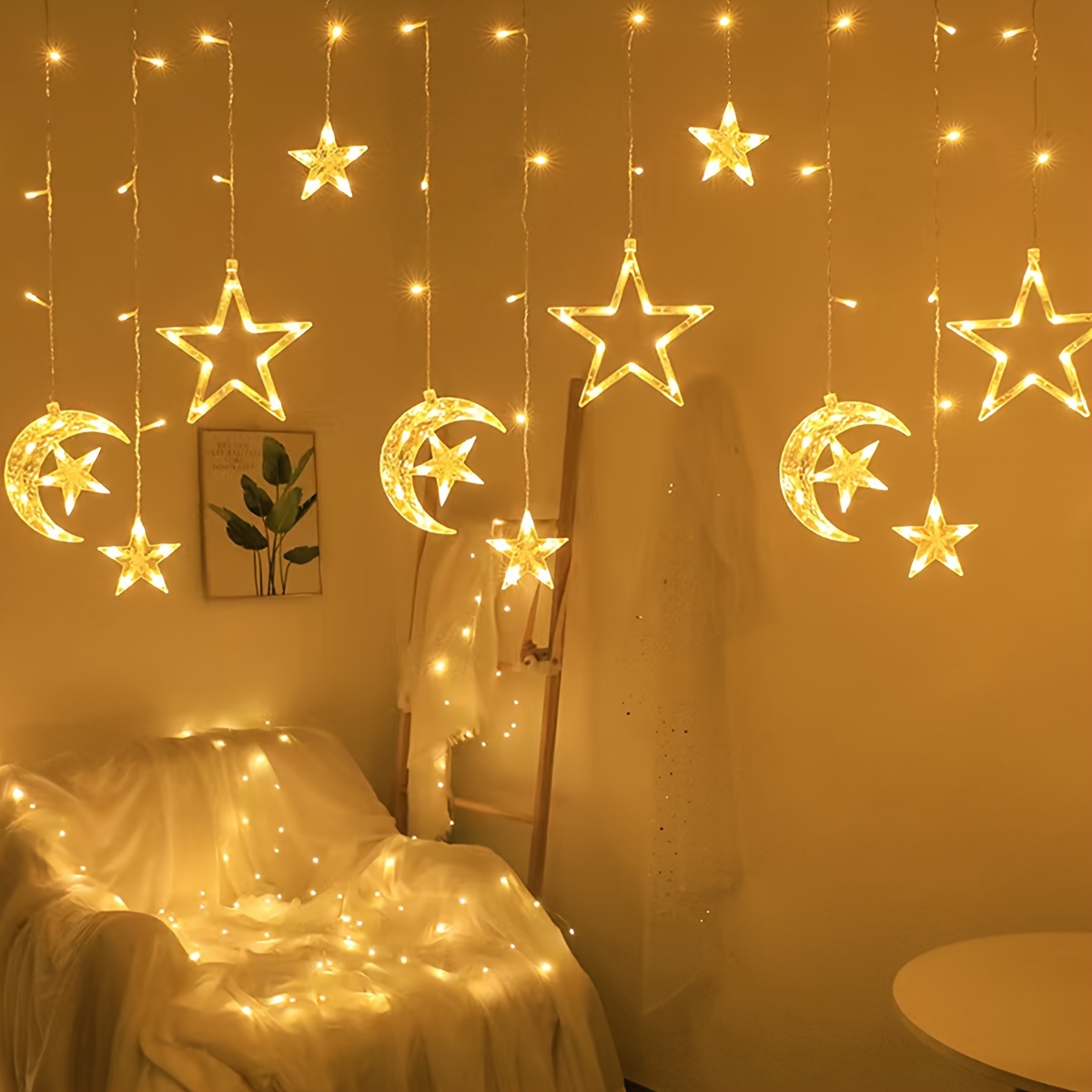 A Warm Light/Colorful Light LED Curtain Light from The And Star Series, Featuring a 3-Meter Adjustable Mode for Ramadan, Eid Celebrations, Weddings, Valentine'S Day Parties, And Home Decoration