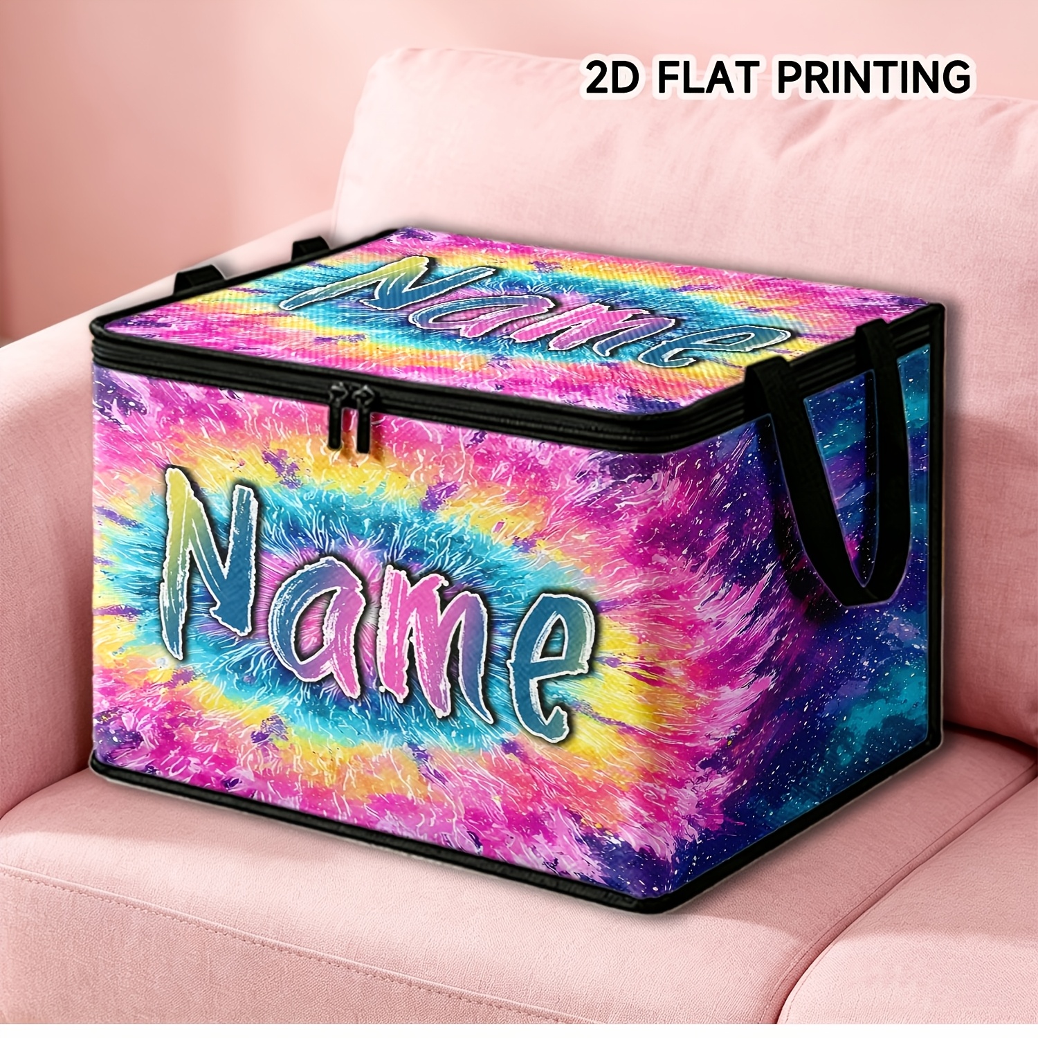 TEMU 1pc Custom Tie-dye Name Storage Box, Foldable Large Capacity Storage Box, With Zipper And Reinforced Handle, Multifunctional Storage Bag,