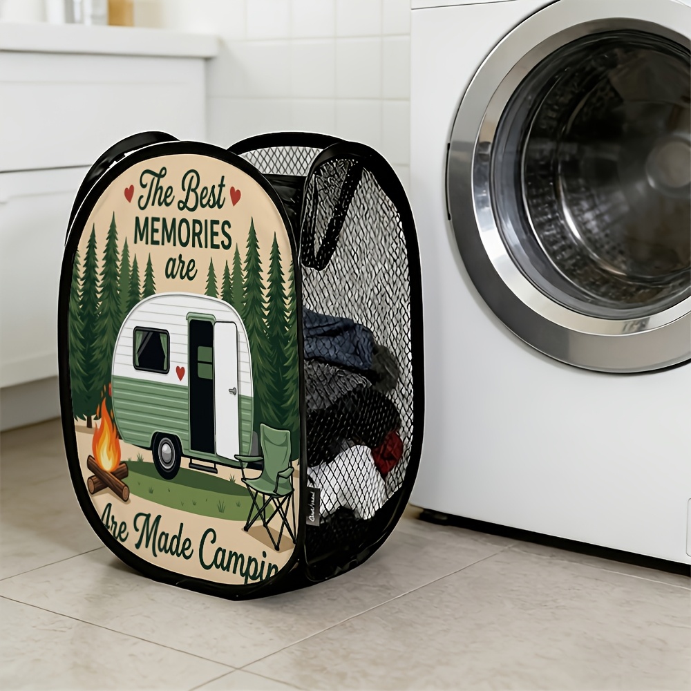 TEMU 1pc Nostalgic Outdoor Camping Pop-up Storage Basket - Trailer Campfire Household Laundry Basket, Bathroom Laundry Storage Basket, Foldable,