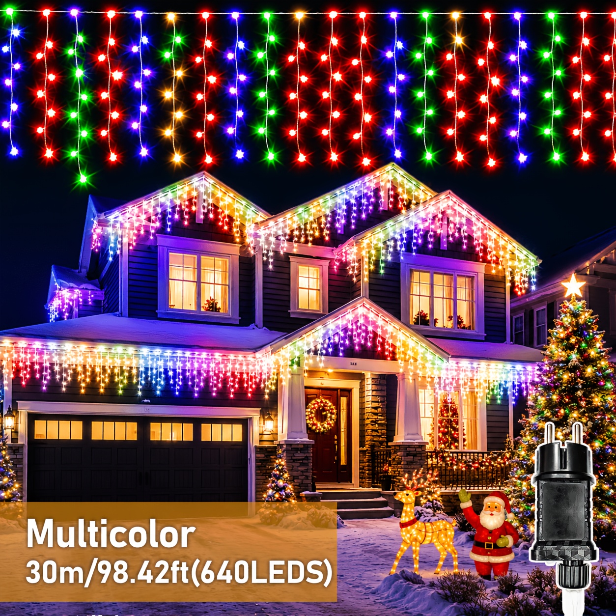 TEMU 1pc Led Icicle Waterfall String Lights, Ip44, Outdoor Decorative String Lights, Warm White/cool White/multicolor, Suitable For Roofs, Gardens,