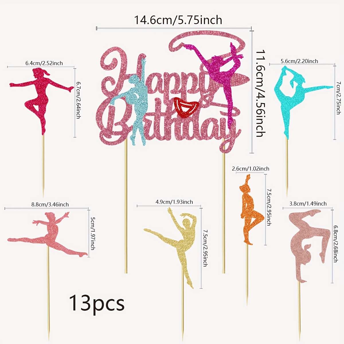 Image of 13pcs Glitter Gymnastics Ballerina Dancer Happy Birthday Cake Topper Kit - Sparkle Sports Theme Party Decorations For Gl - Rhythmic Dance Ballet Cake Decor Supplies