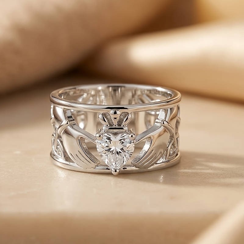Women's Retro Claddagh Heart Crown Wide Band Ring