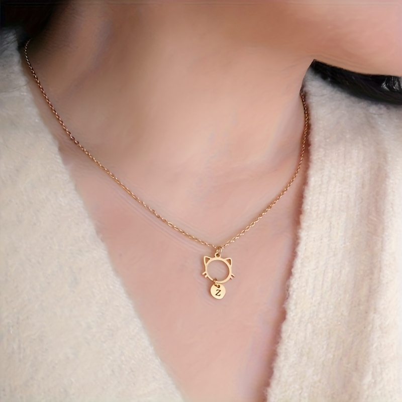 Personalized Cat Pendant Necklace with Initials, 18K Gold Plated