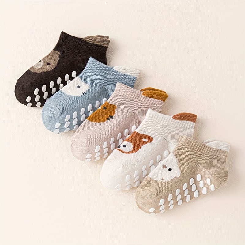 Image of 5 Pairs Baby Socks Cartoon Animal Fox Bear Pattern Kids Boy Girl Anti-slip Socks Toddler Floor Socks