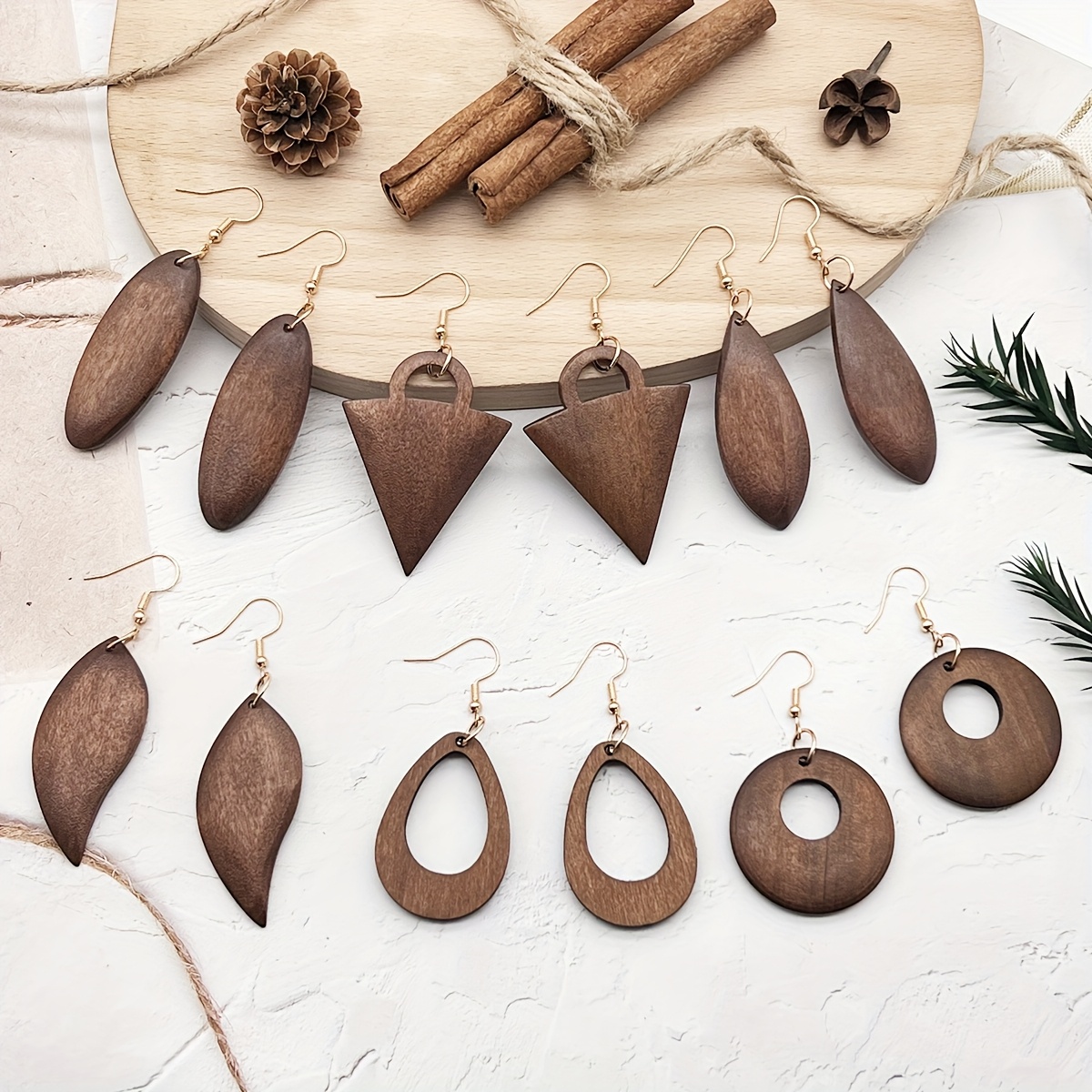 Image of 6 Pairs Of Minimalist Retro Coffee-colored Geometric Wooden Earrings, Trendy And Versatile For Everyday Wear And Vacation, Featuring Wooden Pendant Designs For Women