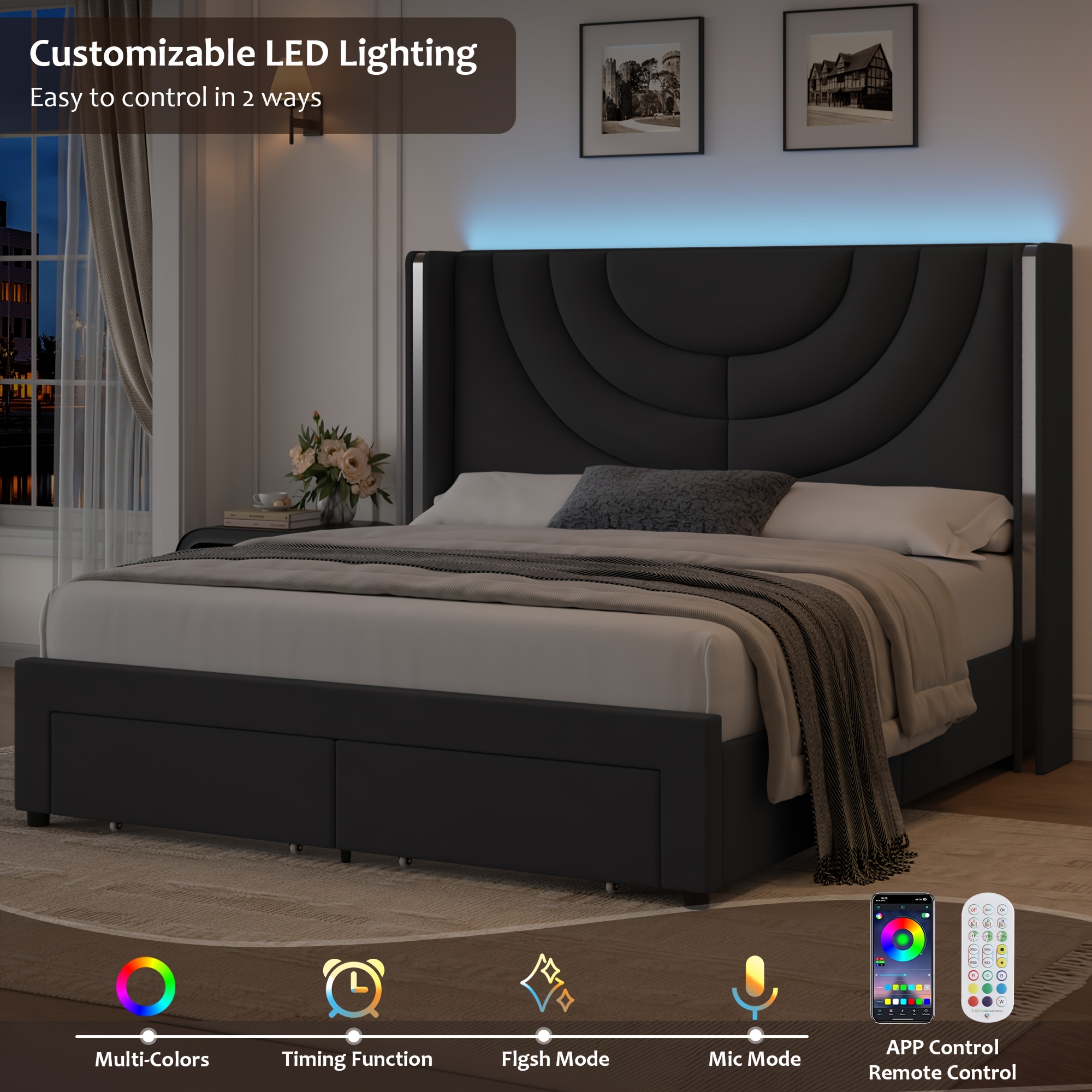 FULTRU Upholstered LED Bed Frame in Full, Queen, Or King Size with Two Storage Drawers, Velvet Platform Bed Featuring a Wingback Headboard, Sturdy Wooden Slats for Support, No Need for a Box Spring, Headboard with a Splicing Design