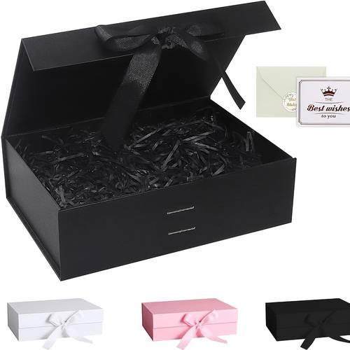 gift for her him black gift box luxury magnetic gift box with lid ribbon greeting card shredded paper gift packaging box for present birthday wedding anniversary festival mothers day