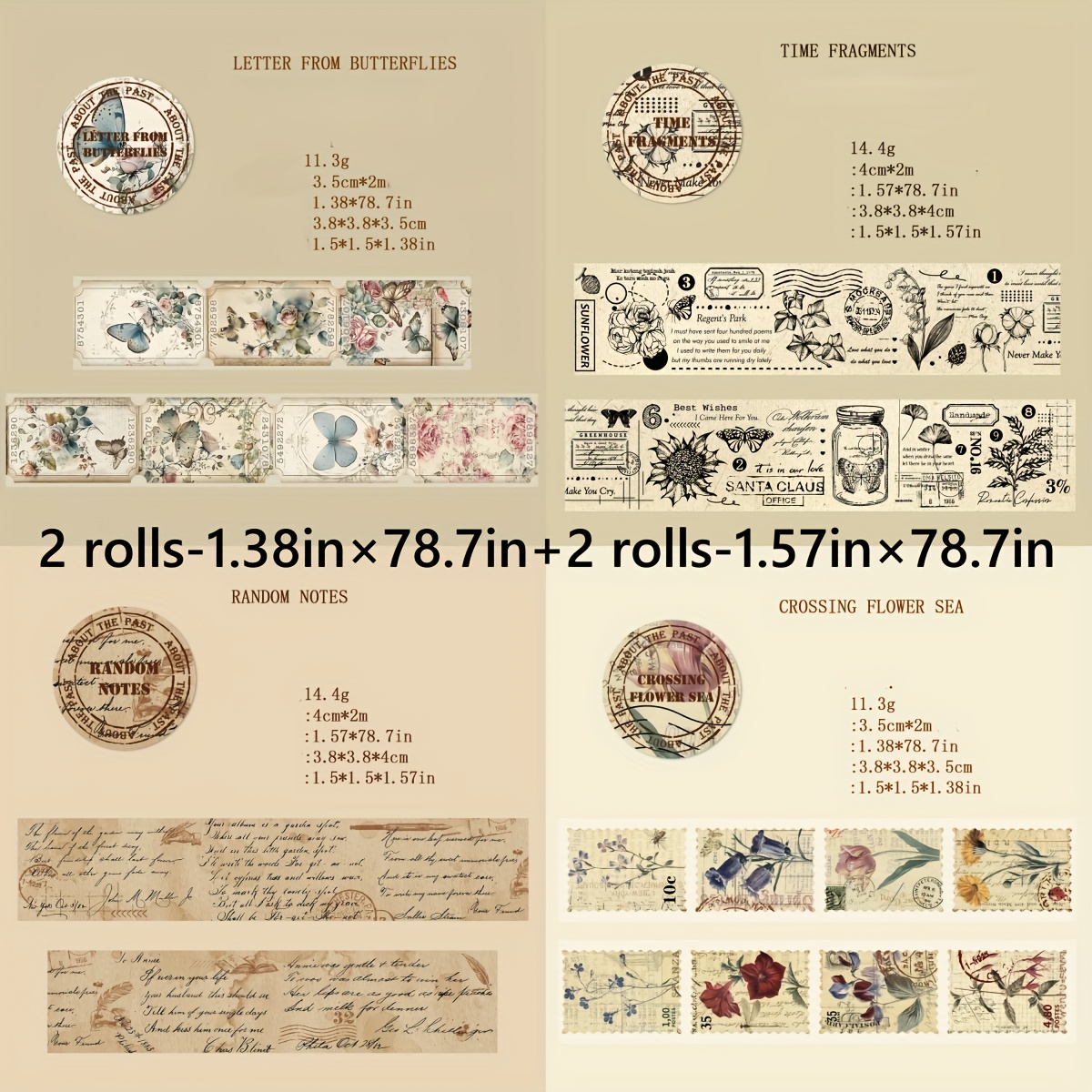 E-shop 4 Rollen - Vintage Washi Die-Cut Klebeband Set: 2 Rollen 1,38 Zoll × 78,7 Zoll + 2 Rollen 1,57 Zoll × 78,7 Zoll, Dekoratives Papierklebeband für