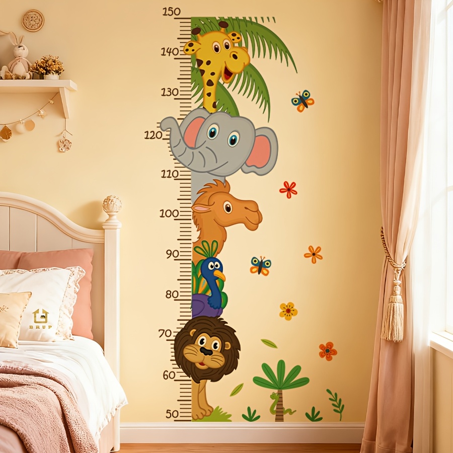 Image of 1 Sheet Brup Nursery Kids Height Measurement Wall Sticker - Cute Giraffe Elephant Camel Lion Pearooster Cartoon, Removable Bedroom Playroom Growth Chart Sticker Christmas Halloween