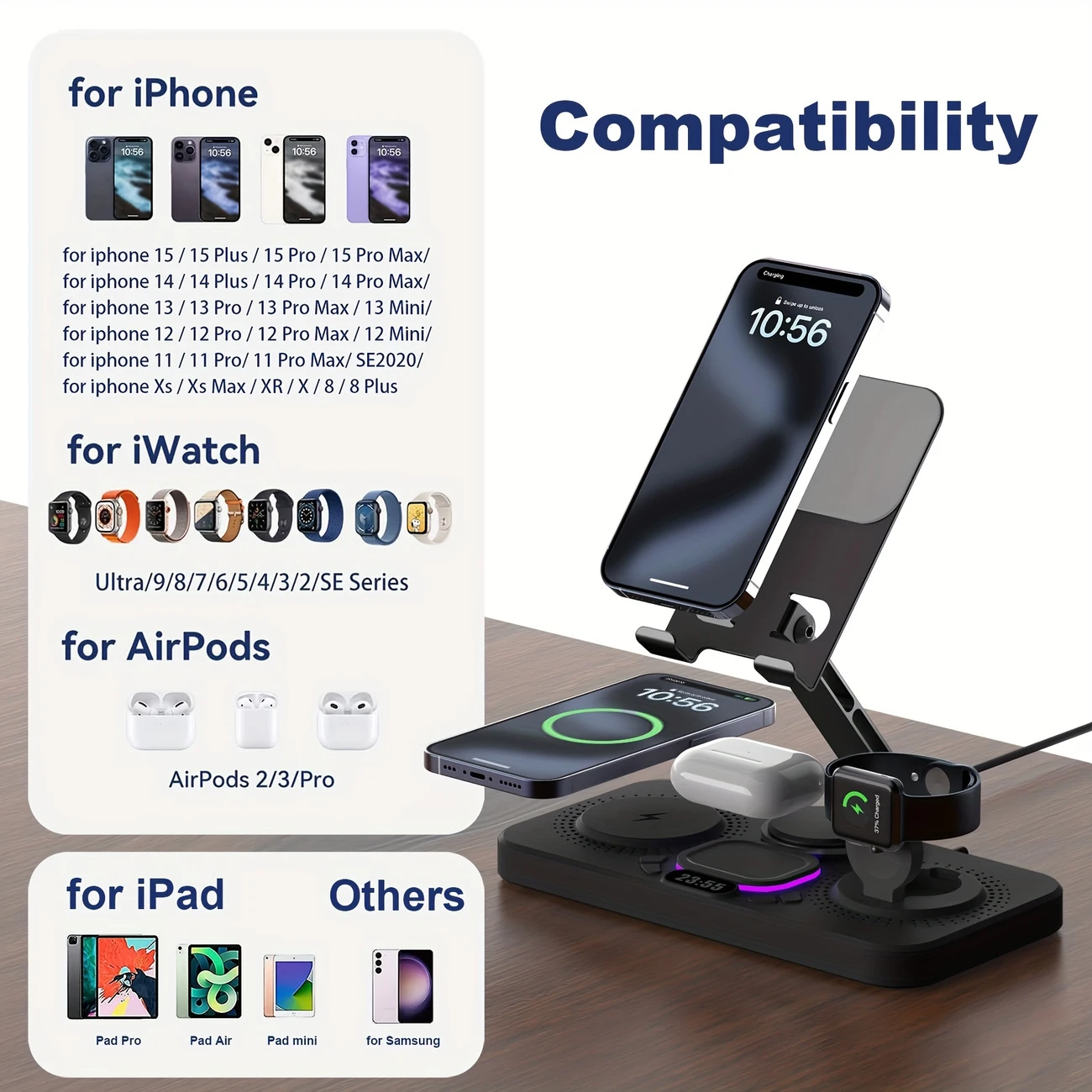 6in 1 Wireless Charging Station for Multiple Devices, Magnetic Fast Charger Foldable Stand Dock with Alarm Clock Night Ligth for iPhone 15 14 13 12 Series, for iWatch 9 8 7 6 5 4 3 2, for Pro2 Pro 3 2, Rotating Holder for iPad details 1
