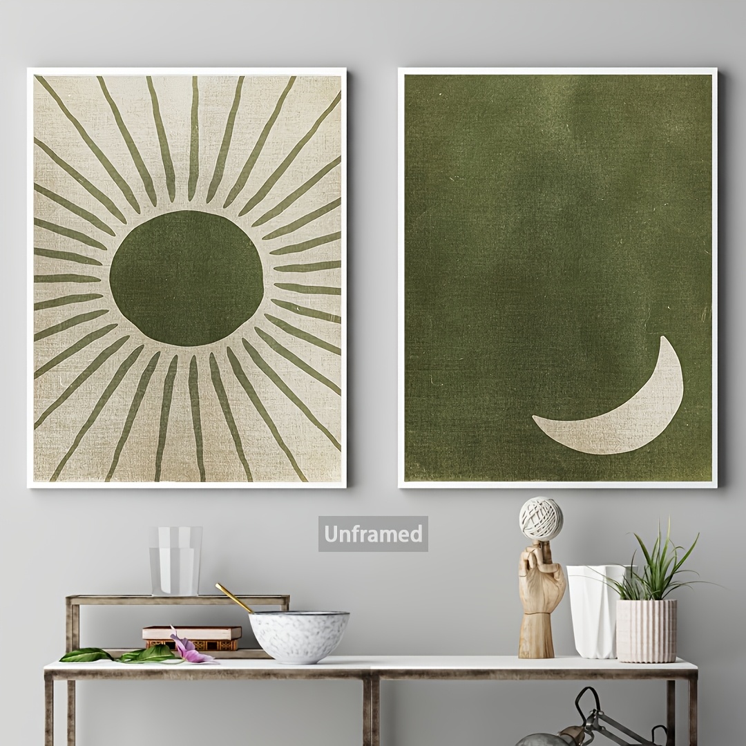 Image of 2d Flat, 2pcs Green Abstract Boho Canvas Wall Art Prints Olive Art Sun And Moon Wall Print For Living Room Bedroom Decor Perfect New Years Gift Unframed