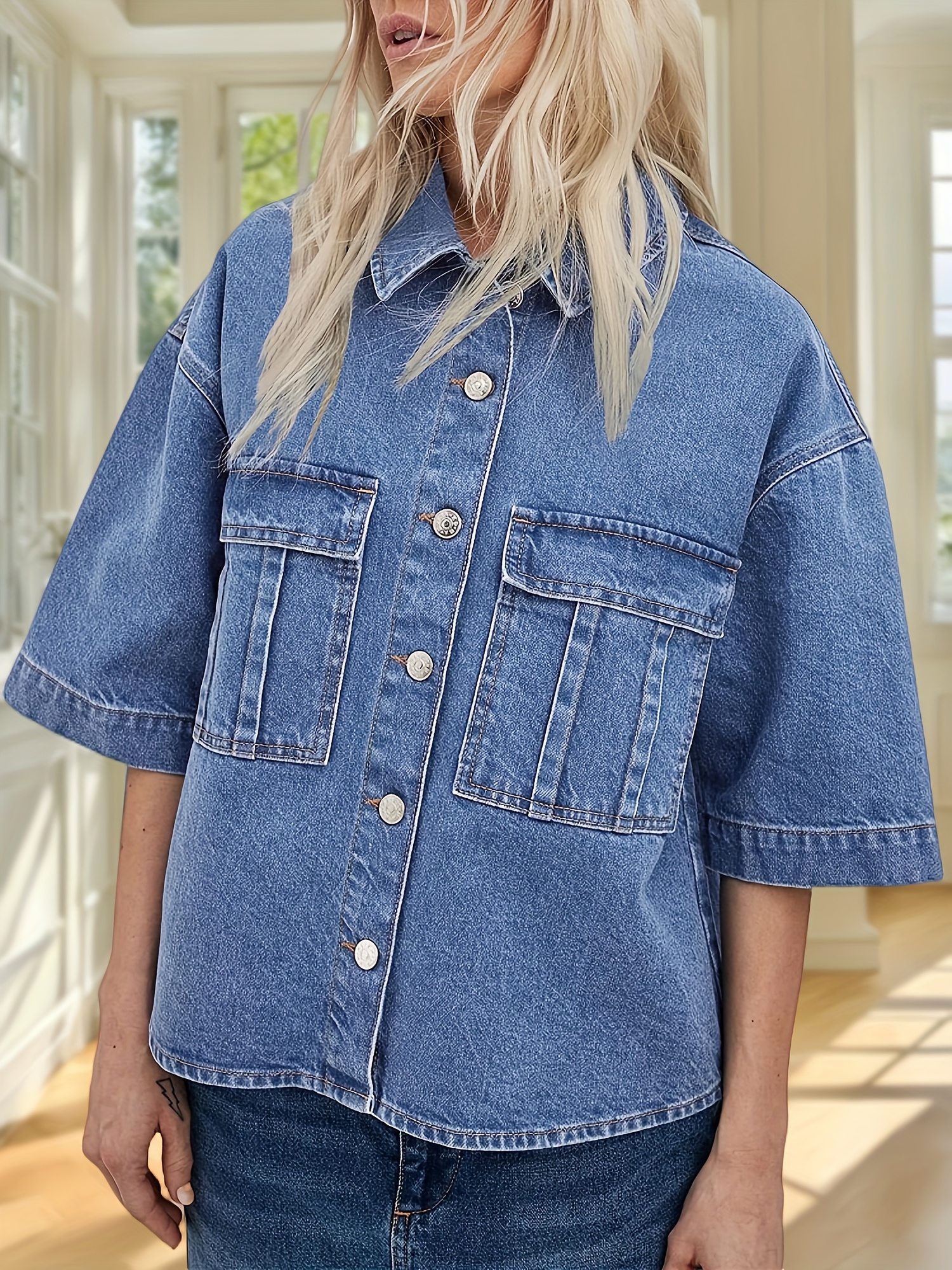 Trendy Womens Cropped Denim Jacket Oversized Short Sleeve