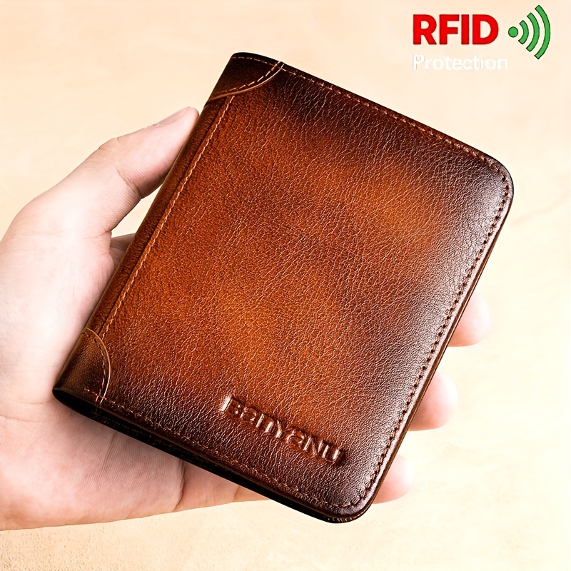 

1pc Men's Genuine Top Layer Cowhide Leather Wallet, Rfid Blocking Bifold With Money Clip, Simple Solid Color, Large Capacity Card Holder, Multiple Colors