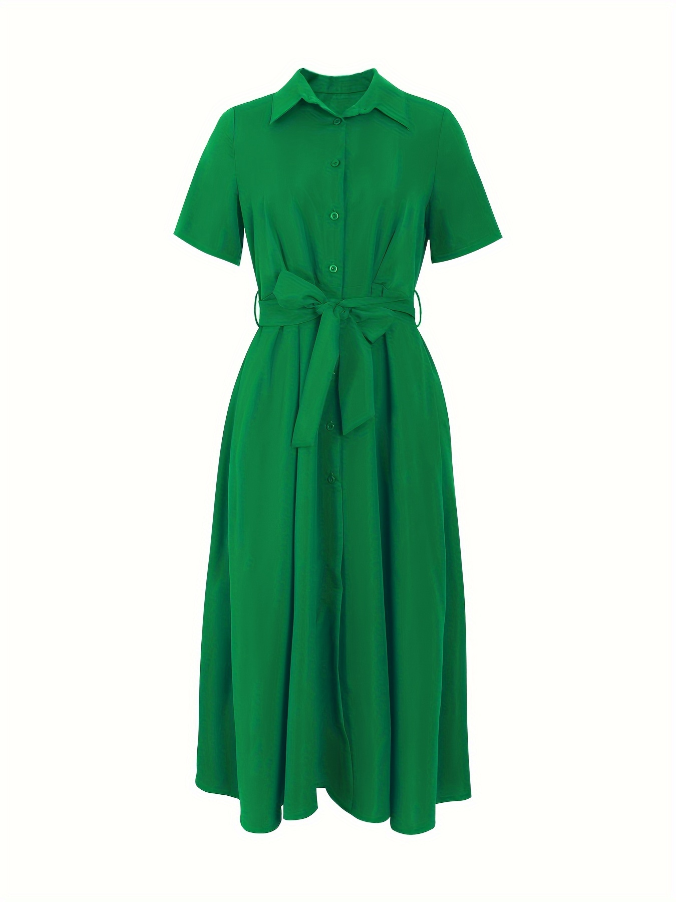 Midi Dress Womens Shirt Dress Knee Length Women's Elegant Olive Green Shirt  Dress With Belted Waist,