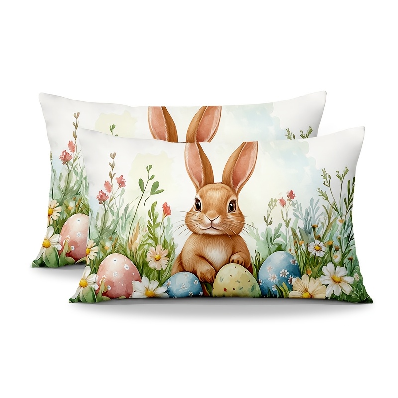 TEMU 2pcs Short Plush Pillow Cover Cute Easter Bunny Surrounded By Spring Decorative Lumbar Pillows Cover 12x20 Inch Cushion Case Pillowcase With