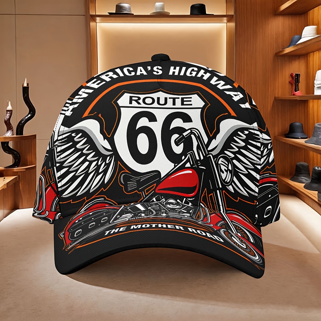 TEMU 1pc Motorcycle & Wings Baseball Cap - Retro Highway Print Adjustable Snapback Hat, Lightweight Suitable For Outdoor Trips, Commuting, Motorcycle