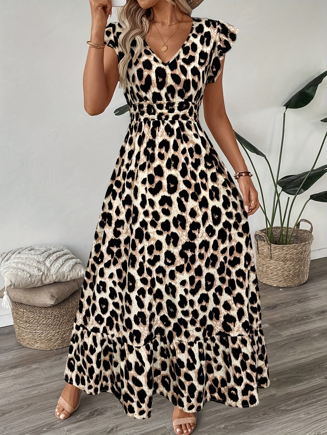 Vestido largo casual para mujer con estampado de leopardo, cuello  abullonadas y cintura fruncida Ideal para verano, ropa casual, vestid