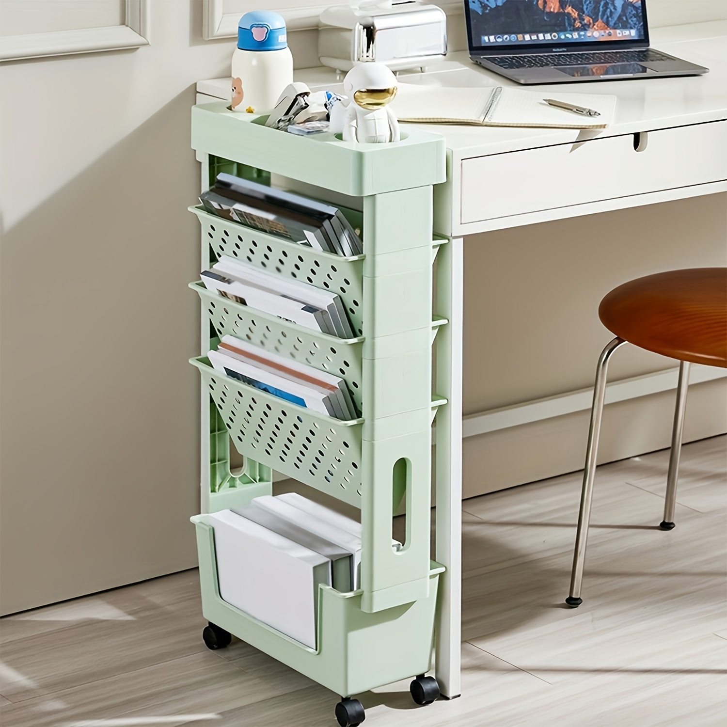 Image of 1pc 5 Levels Movable Bookshelf Shelf, Desk Side Bookshelf, Floor Desk Small Cart, Book Storage Shelf, Office Study Supplies Storage Rack, Pen Holder, Lesson Book, Document Storage, Office Supplies