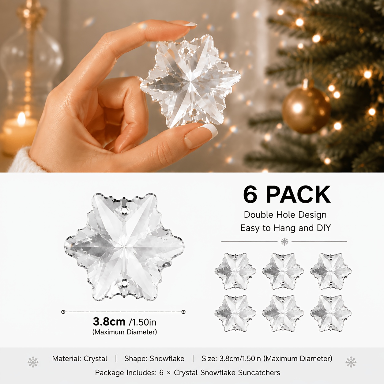 Image of 6 Pack Clear Crystal Snowflake Suncatcher, Double Hole Hanging Prism Ornament, Catcher For Window Christmas Tree And Home Decor