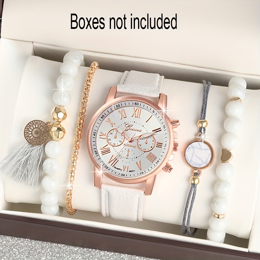 

5pcs/set Women's Casual Round Pointer Quartz Watch Analog Pu Leather Wrist Watch & Bracelets, Gift For Mom Her