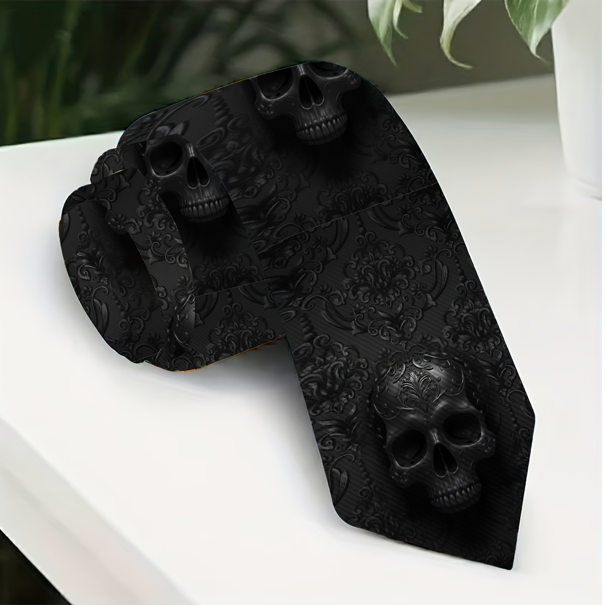 TEMU 1pc Men's Gothic Skull Tie - Black Suitable For Business Meetings, Casual Wear & Themed Events | Hand Washable/dry Fabric Necktie For Weddings,