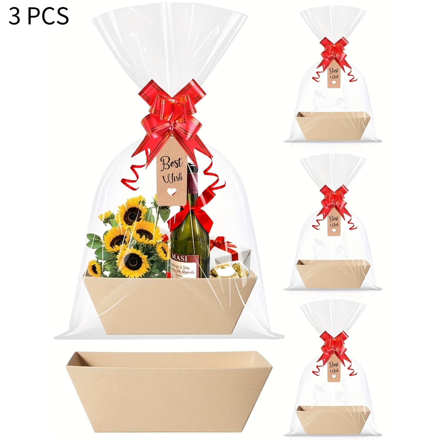 3/6pcs, Gift Basket Set, Includes Wrapping Bag, Red Bow And Hanging Label, Ideal For Gifts, Used For Gift Wrapping And Decorating For Valentine's Day Any Occasion, Empty Gift Basket