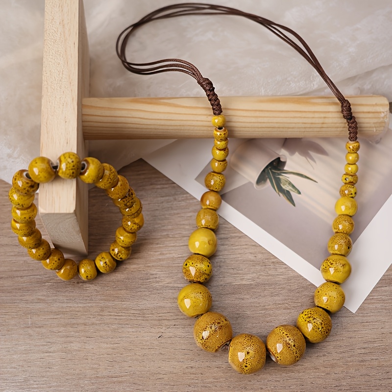 TEMU Retro Daily And Formal Occasion Jewelry, 2-pack, Yellow Set, Necklace And Bracelet, No Coating Required, Cute Handmade Durable Beadwork, Holiday
