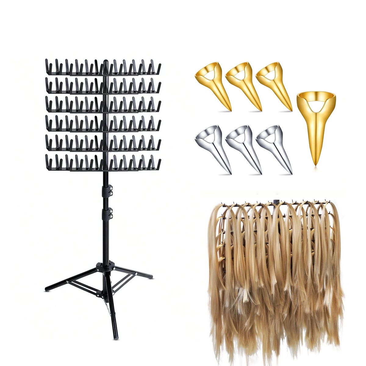 TEMU Support d'extension de cheveux tressés avec support vertical, 144 crochets pour une présentation organisée, 6 anneaux de séparation en métal,