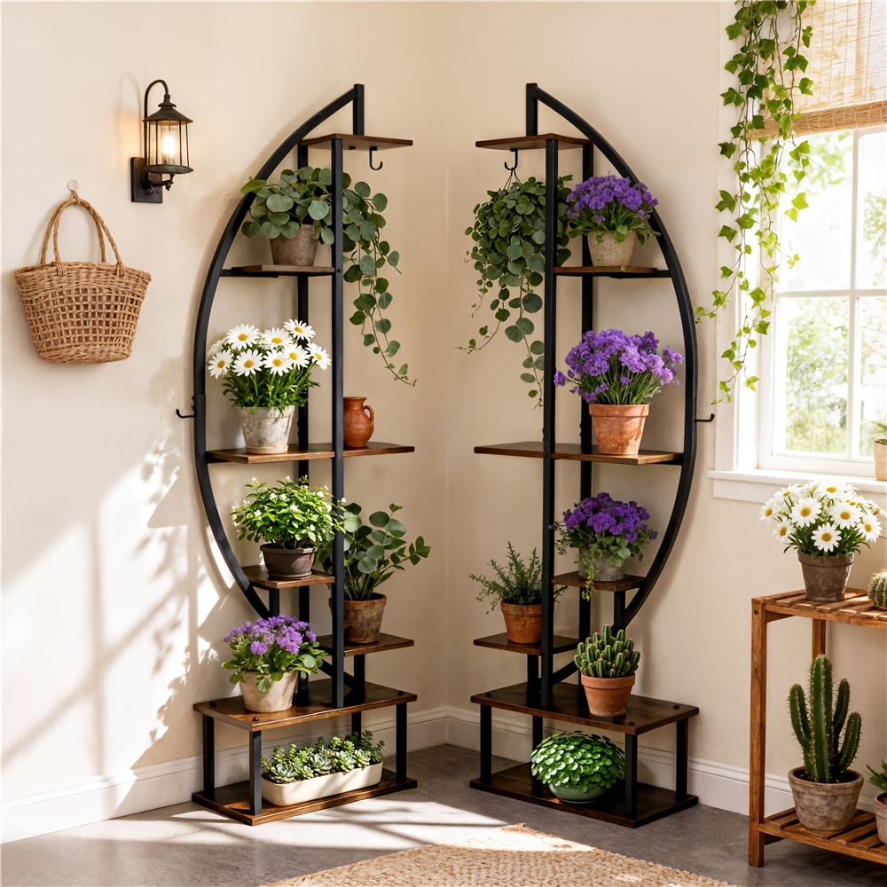 Image of Unho Tall Half Moon Plant Stand 2 Pack, 7 Tier Metal Flower Pot Display Shelves, Indoor Industrial Tiered Plant Shelf With Hooks For Living Room Patio, Curved Corner Rack