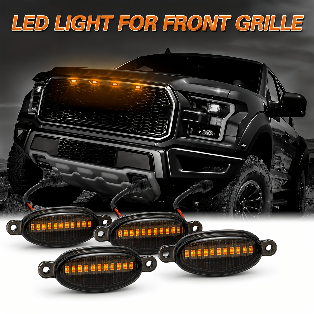 TEMU Amber Led Car Front Grille With Smoked Lens & Black Housing - 12v, Suitable For Trucks, Suvs, Cars - Direct Replacement For Grille Or Headlight