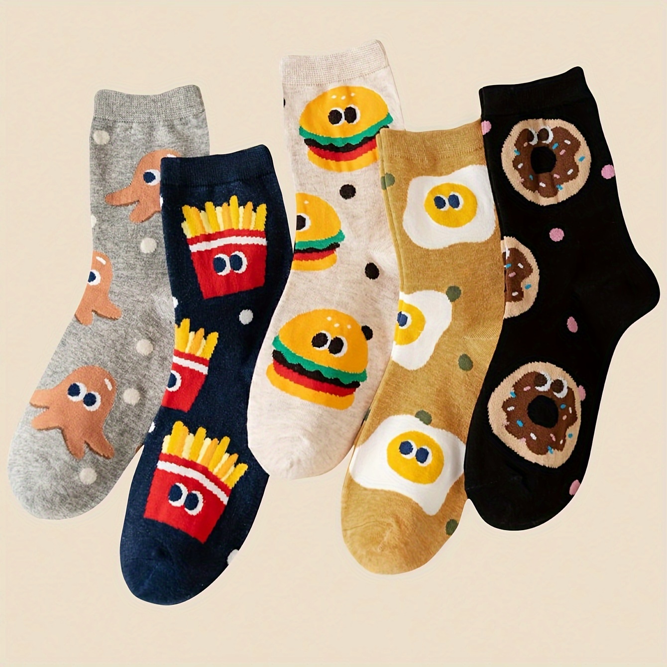 

5pcs Teen Crew Socks - Trendy Cartoon Hamburger & Fries Design, Breathable Polyester , Casual Attire & Sports - For