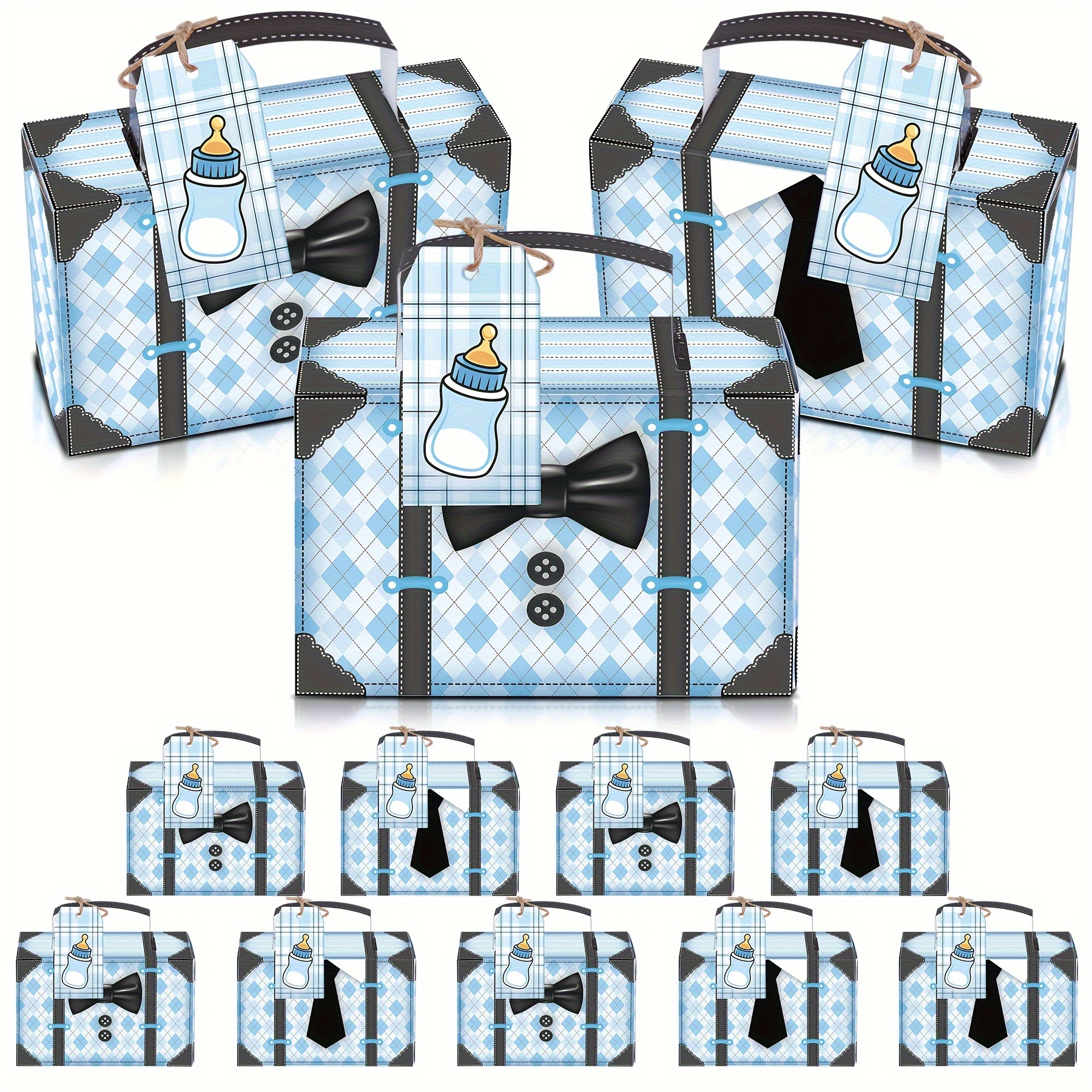 

12pcs/set, Mini Boy Boss Theme Party Favor Suitcase Goodie Boxes With Feeding Bottle Gift Tag Cards, Blue Black Little Gentleman Luggage Candy Treat Boxes For Birthday, Baby Shower, Gender Reveal
