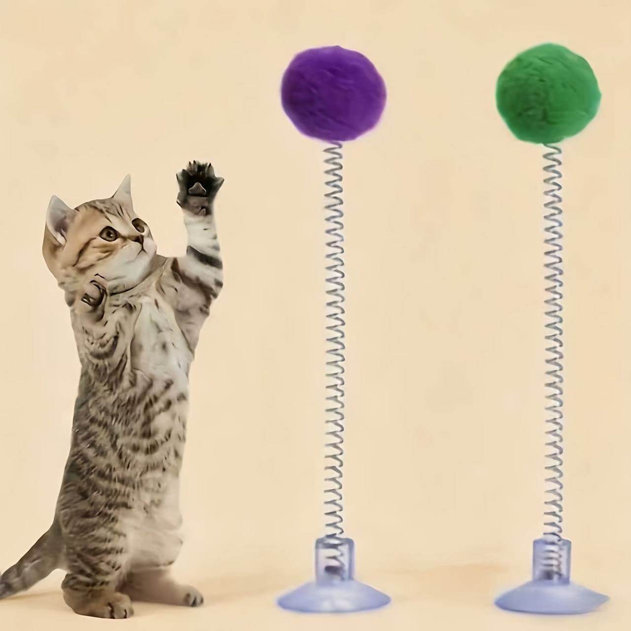 TEMU 2pcs Color Random Interactive Cat Toy, Suction Cup Design With Plush Ball And Metal Spring, Fun Indoor Hunting Toy For Cats