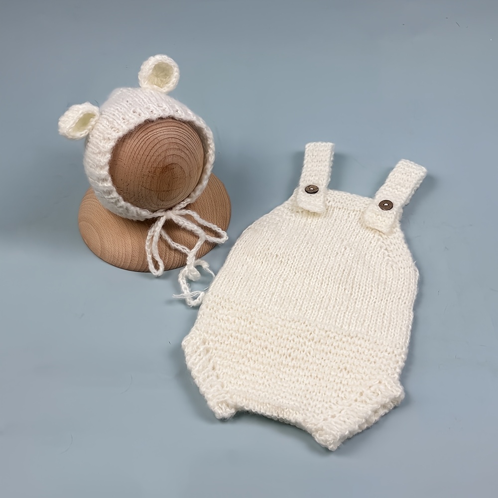 Handmade Knitting Studio Photography Props Soft Fleece Crochet Bear Ears Hat And Tank Top Bodysuit 2pcs Set For Photo Shoot