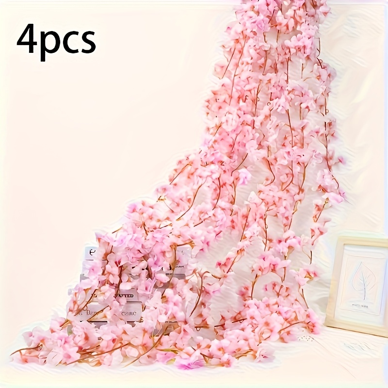 4pcs Outdoor Artificial Flowers Cherry Vine Outdoor Scene Layout Fake Flower Wedding Ceiling Air Conditioning Simulation Cherry Vine 23.6 Feet Artificial Cherry Vine, Suitable For Weddings