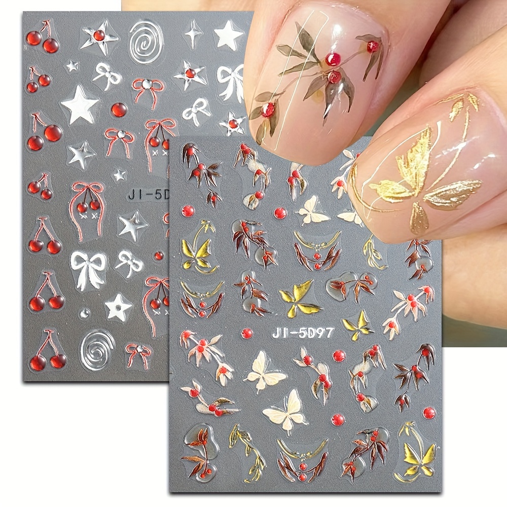 

2 Sheet 5d Embossed Nail Art Stickers With Cherry Butterfly Design, Nail Art Decals For Nail Art Decoration,self Adhesive Nail Art Supplies For Women And Girls