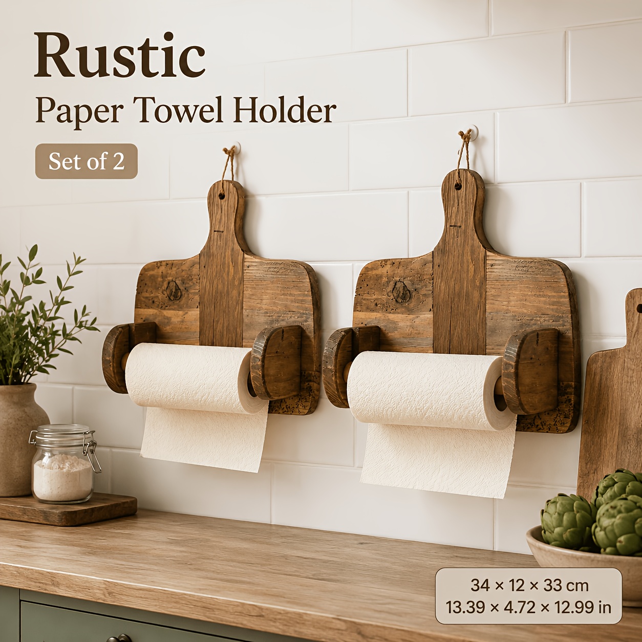 2pcs Rustic Paper Towel Holders, Cutting Board Shape With Hanging Rope. Wall-mounted To Free Counter Space For Kitchen & Coffee Bar. Farmhouse Decor, Ideal Gift For Holidays And Housewarming.