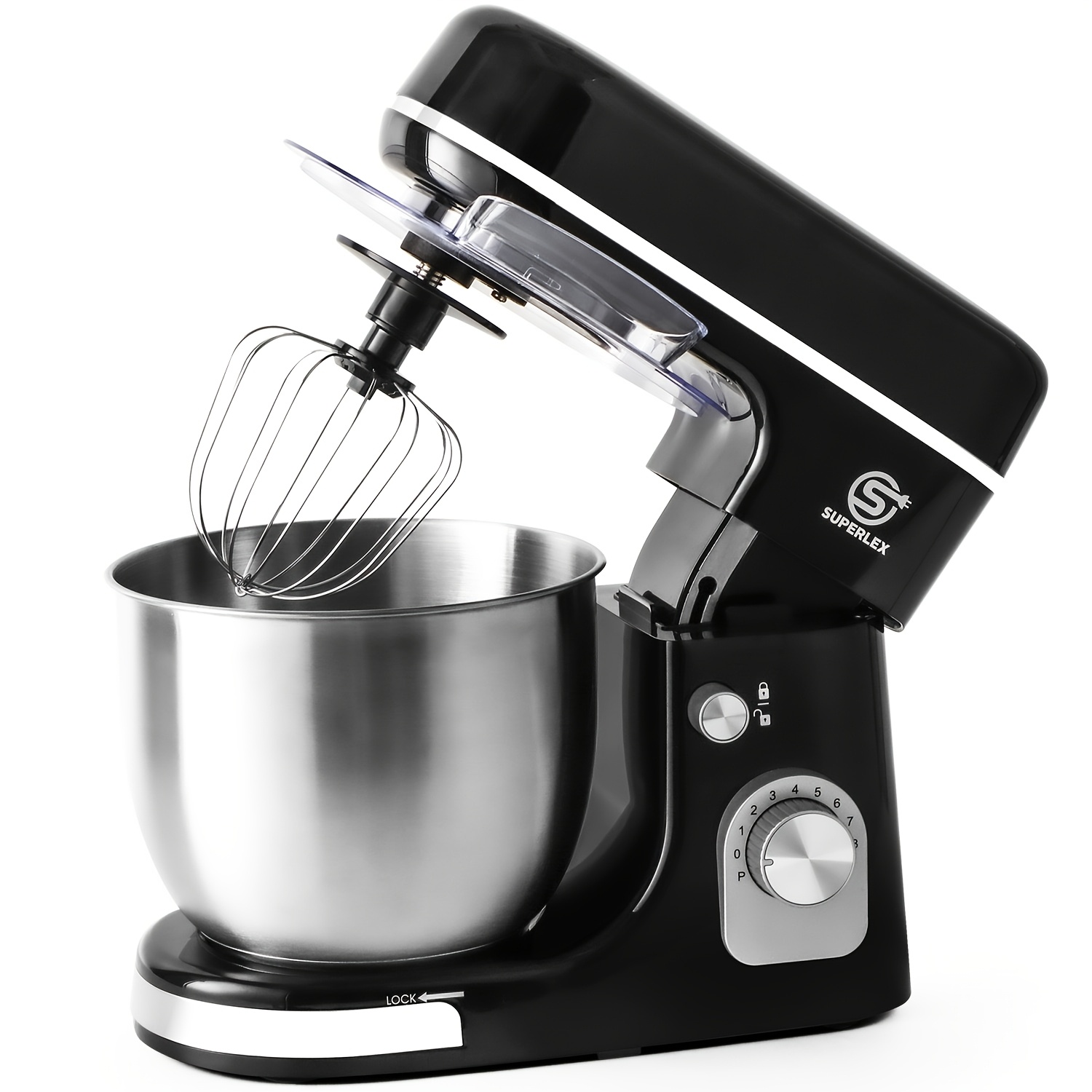 E-shop Leistungsstarke SUPERLEX Küchenmaschine 1300W, 5L Edelstahl Schüssel | 8 Geschwindigkeitsstufen | Inklusive Teigabzieher, Schneebesen und