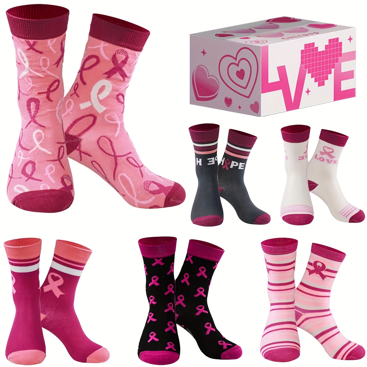 

6 Pairs Of Women's Breast Awareness Mid-calf Socks Breast Awareness Socks