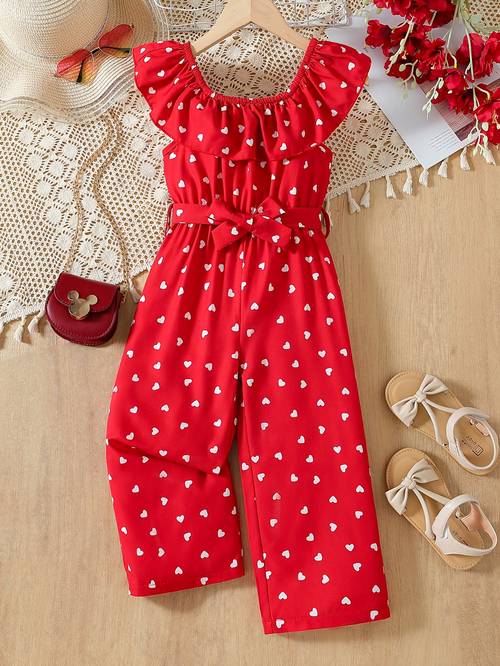 girls red polka dot sleeveless jumpsuit with an elegant belt lightweight design summer casual wear straight leg pants a for everyday casual outfits suitable for spring and summer outdoor leisure outdoor