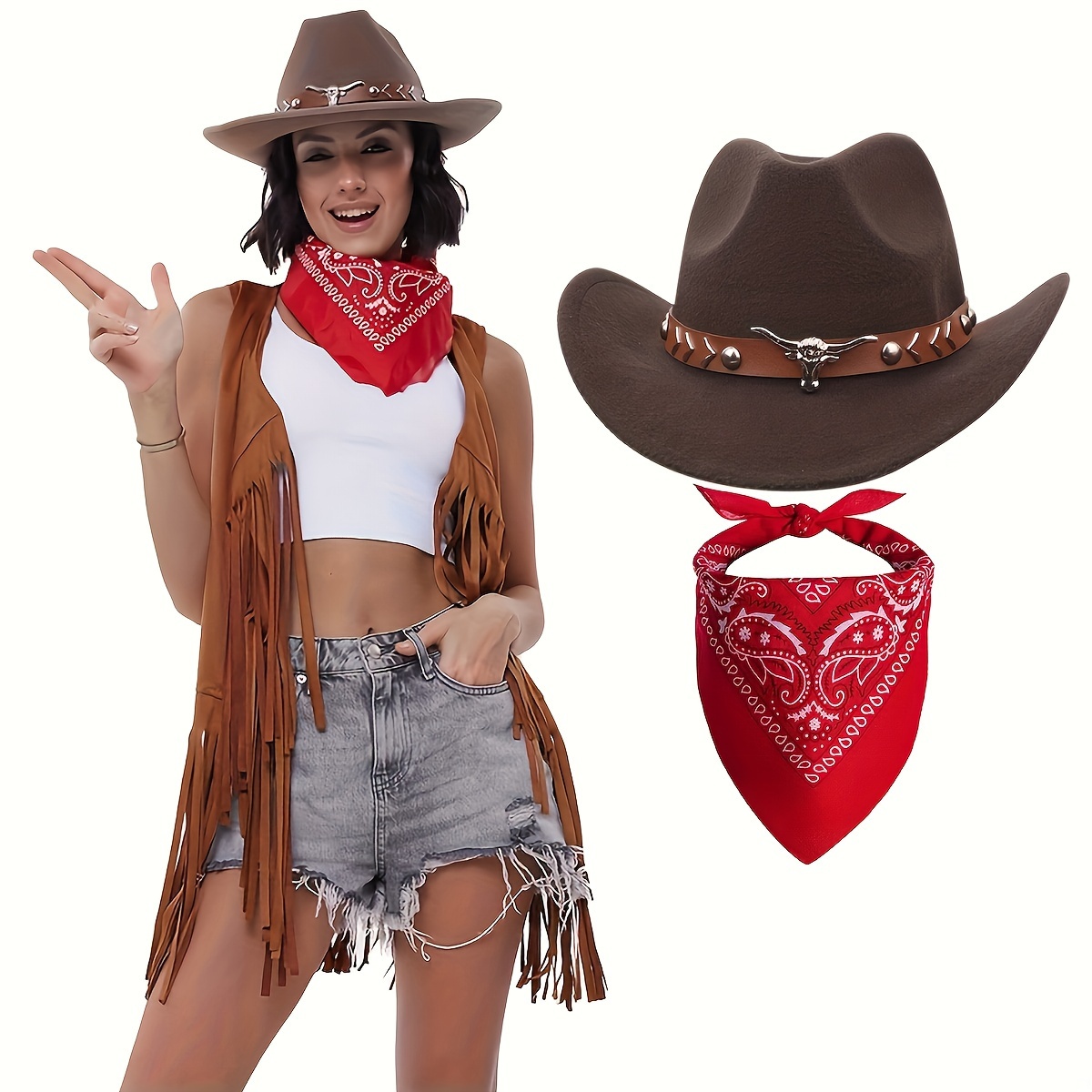 3-teiliges Cowboyhut Set - Western Kostüm Mit Bandana & Sonnenbrille