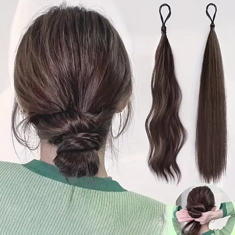 2pcs set of synthetic hair long wavy braided ponytail band with elastic rubber band straight style womens elastic hair loop suitable for hairstyles wigs details 6