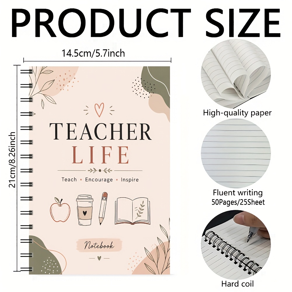 TEMU Teacher Life A5 Spiral Notebook, 1pc Minimalist Teacher Journal Cover With Teach Text, , Coffee Cup, Pencil, , Heart, Line Art, Soft Blush And