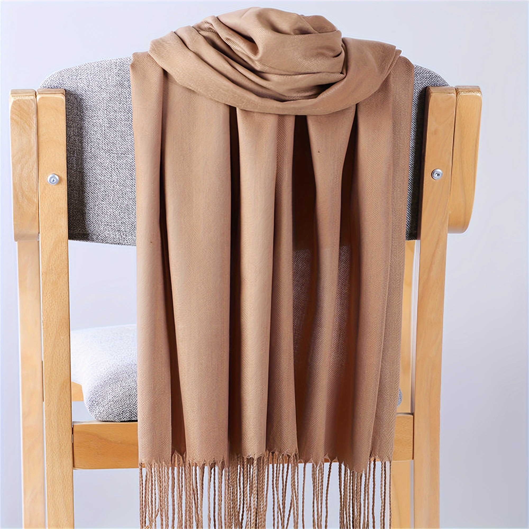 

Elegant Solid Color Fringe Scarf, Soft Warm Shawl, Casual Outdoor Windproof Versatile Neck Wrap Gifts For Eid