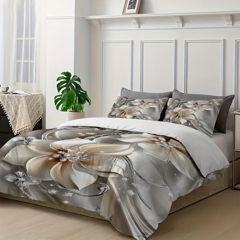 TEMU 3pcs Duvet Cover Set, 1 Duvet Cover And 2 Pillowcases, Elegant And Luxurious Shimmering Silvery Floral Print, Digital Printing, Full/queen/king