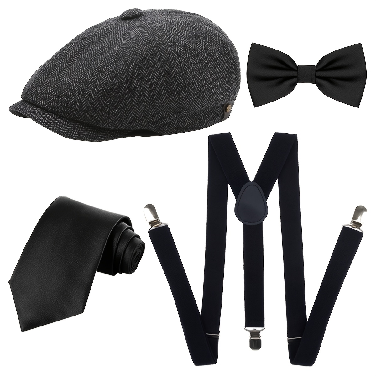 TEMU Ensemble d'accessoires de vêtements pour hommes années 1920, 4 pièces, comprenant un chapeau de journalier, un nœud papillon prédéfaçonné, une