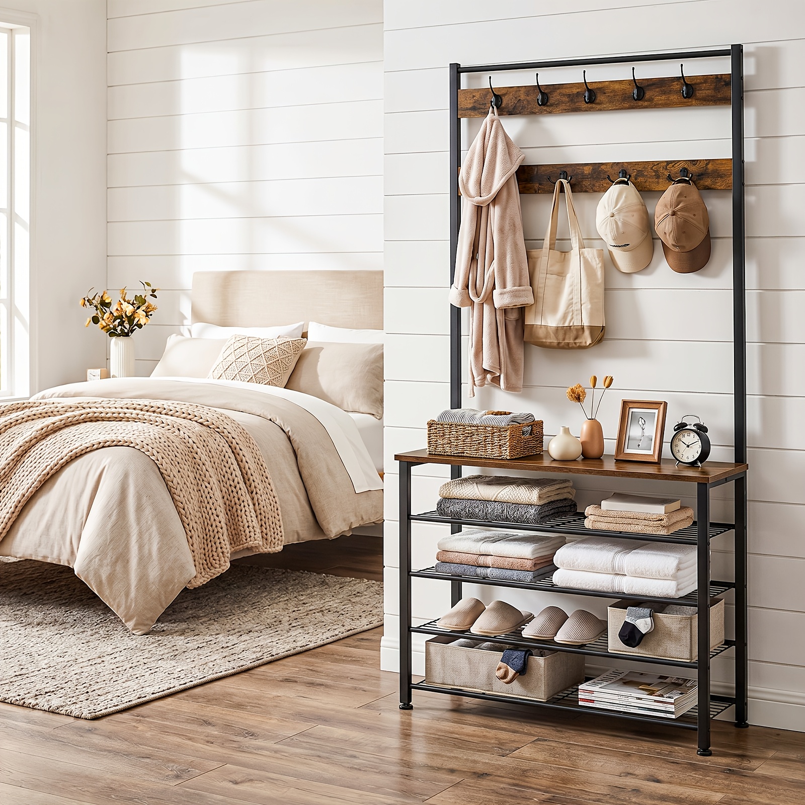 Image of Coat Rack With Shoe Rack, Wardrobe Rack With Shoe Rack And Hooks, Suitable For , With Hooks, 5 Shelves, Iron And Wood Material, 190 Cm High