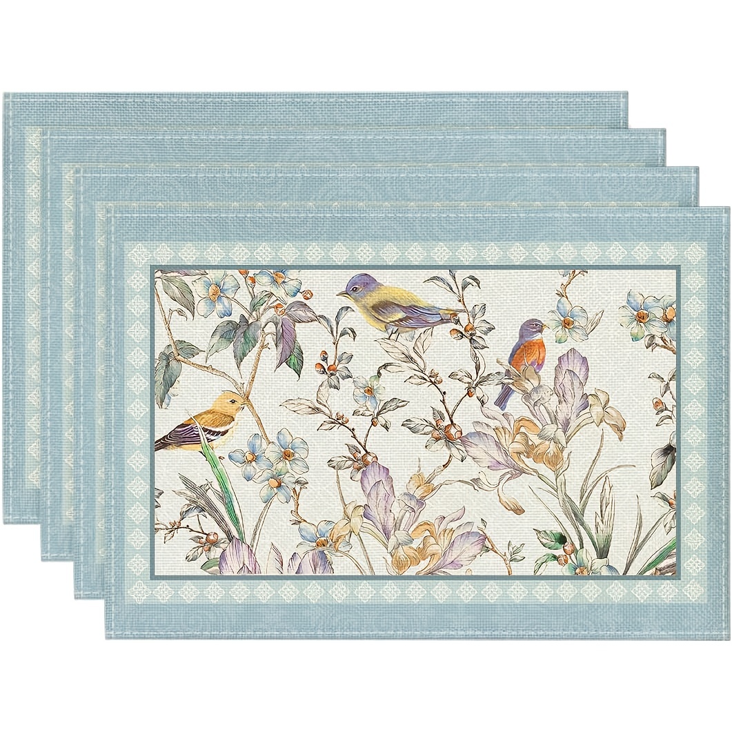 

4pcs Set Blue Birds & Floral Blossom Placemats - Linen, Machine Washable, Rectangular Table Mats For Dining & Kitchen Decor