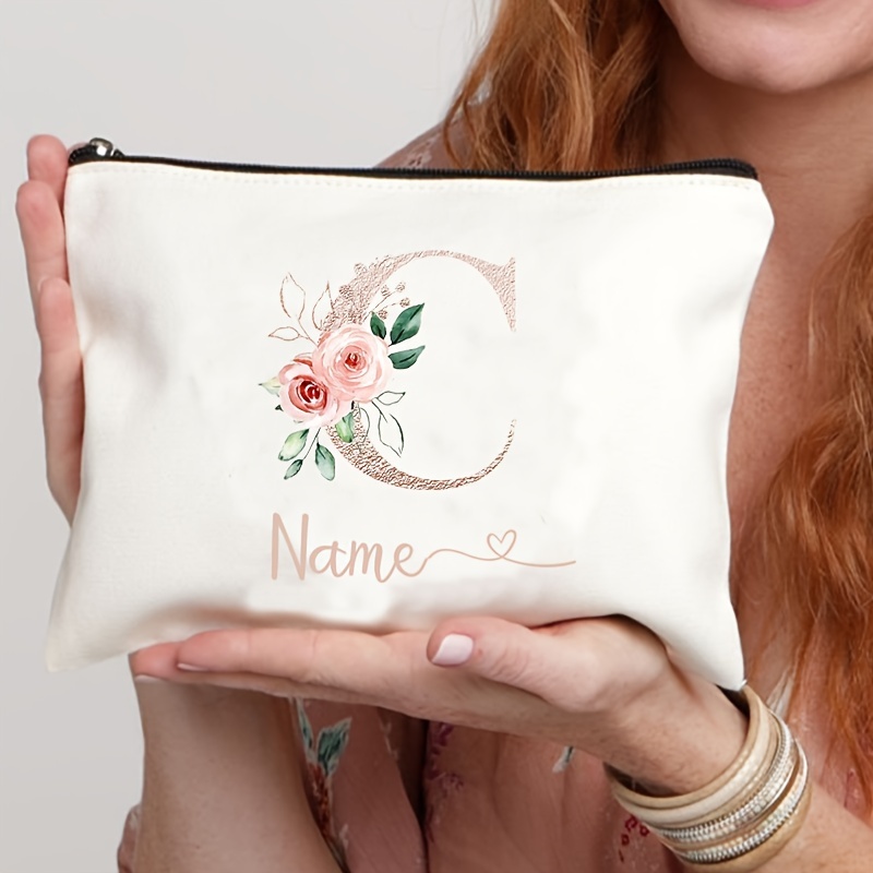 TEMU 1 Pc Custom Initial Floral Polyester Cosmetic Bag - Personalized Name Clutch, Travel Zipper Toiletry Pouch, Unisex-adult Pencil Case, Non-waterproof, Unscented